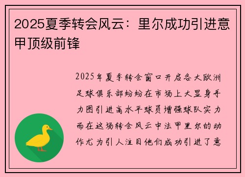 2025夏季转会风云：里尔成功引进意甲顶级前锋